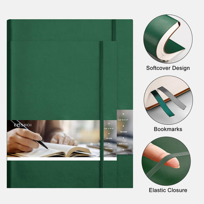 EMSHOI B5 College Ruled Notebook, Large 7.48" x 10.15", 400 Pages 100GSM Ink-Proof Faux Leather Softcover Lay-Flat Lined Journal for Work Office School Bible Study Writing, Dark Green