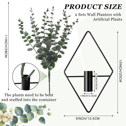 Jexine 4 Pcs Hanging Planters with Artificial Eucalyptus Metal Hanging Vase Indoor Plants Holder Modern Geometric Boho Bathroom Wall Decor for Living Room Home Office(Black)