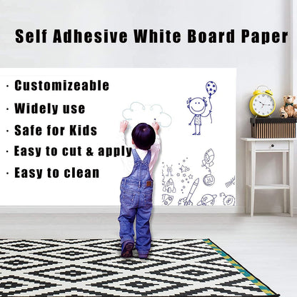 Self Adhesive White Board Paper - Dry Erase Wall Stickers Roll 17.7" x 78.7" (6.5 Feet) Message Board Wallpaper Decal for School/Office/Home/Kid/Art/Decorations, Safe for Adults & Kids with 4 Markers