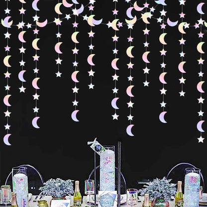 Iridescent Disco-Holographic Party-Decorations Moon-Star Garland - 62Ft Twinkle Little Star Hanging Neon Streamers Banner,Eid Ramadan Mubarak Decoration Birthday Wedding Baby Shower Decor Panduola