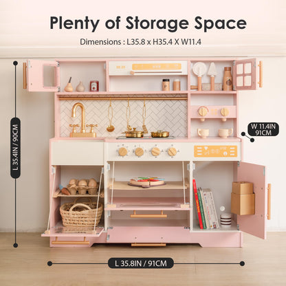 Pink Wooden Play Kitchen for Kids– Realistic Appliances, Storage & 15 Fun Accessories for Inspiring Pretend Play (Ages 3+)