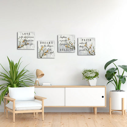 iKNOW FOTO Inspirational Wall Art Canvas Set of 4 Grey Canvas Print Faith Love Dreams Believe Calligraphy Canvas Quotes Motivational Posters for Home Office Decor Each Panel 16x16 Inches (Medium)