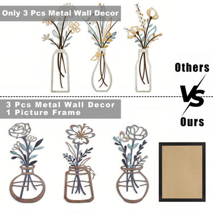 Lcaughsy Metal-Wall-Decor Living Room - 3 Pcs Metal Bathroom Wall Art Floral Vase and Picture Frame for Decoration- Hanging Display Wall Decor Art for Home Dining Room Bedroom Kitchen Farmhouse,Brown