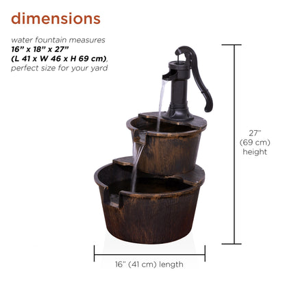 Alpine Corporation 27" Tall Rustic Outdoor 2-Tier Barrel Pump Water Fountain with Soothing Cascading Water Flow for Patio, Yard, Porch, or Landscape, Bronze
