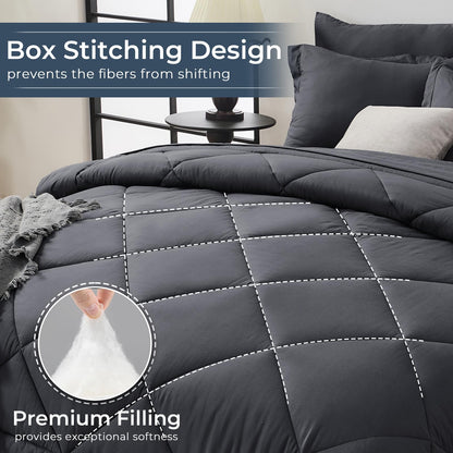 HEVUMYI 7 Pieces Queen Comforter Set, All Season Reversible Bed in a Bag, Ultra Soft Queen Bedding Set with Grey Comforter, Flat Sheet, Fitted Sheet, Pillowcases, Pillow Shams, Dark Grey