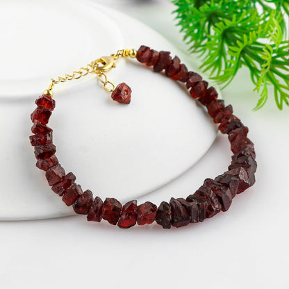 CRYSTALINES Natural Raw Red Garnet Gemstone Bracelet, Rough Stones, Handmade Bohemian Jewelry, Chakra Healing Crystals, 14K Gold Plated, January Birthstone, Christmas Gift (Size-7+1inch)