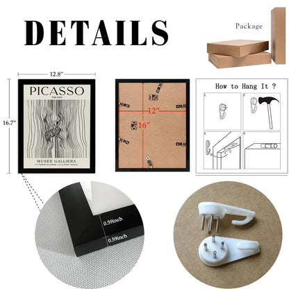 Framed Picasso Abstract Female Line Wall Art Prints Set of 3 Picasso The Kiss, The Love, The Hug Poster Set Mid Century Modern Minimalism Canvas Paintings Gallery Exhibition Prints with Black Frame