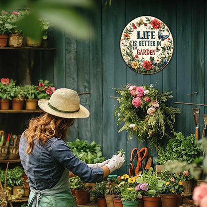 KIYOYO Funny Garden Sign Life Is Better In The Garden Wall Decor Home Patio Backyard Patio Porch Bathroom Bedroom Coffee Office Decor Round Sign 12x12 Inch