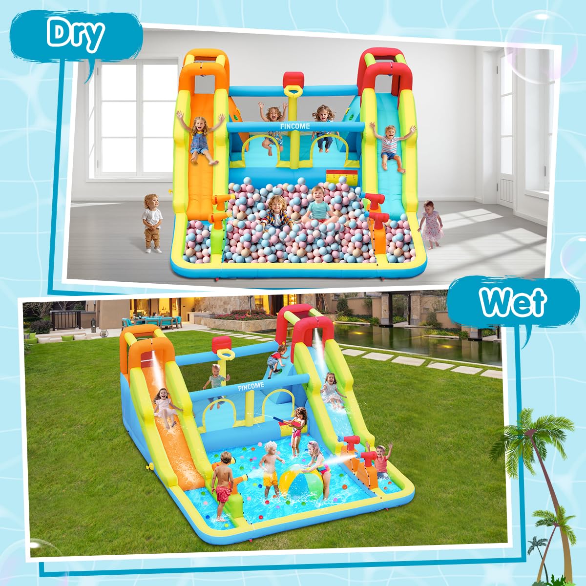 Inflatable Bounce House for Kids, Water Bounce House with Double Slides Indoor Outdoor, Bounce House Water Slide with Air Blower for Park Backyard Party Birthday (with 750W Blower)