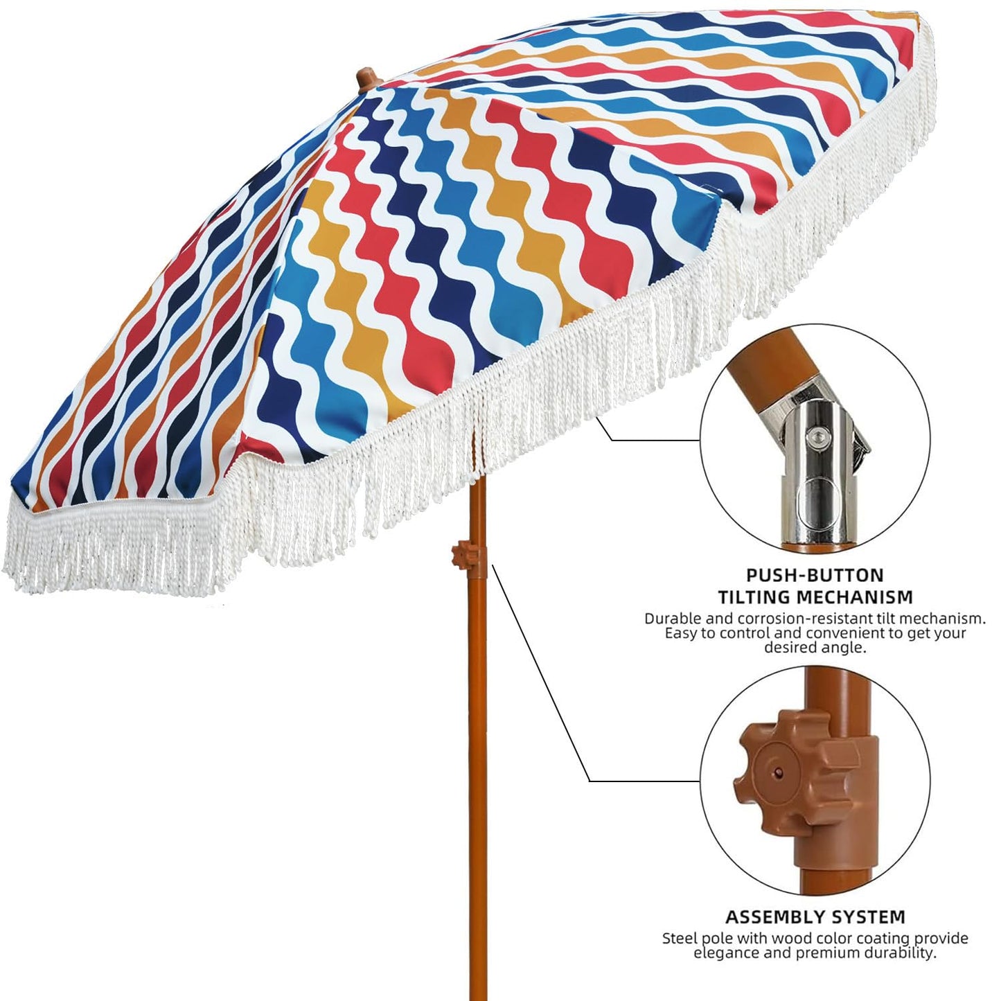 AMMSUN 7ft Patio Umbrella with Fringe Outdoor Tassel Umbrella UPF50+ Premium Steel Pole and Ribs Push Button Tilt, Wave Colorful
