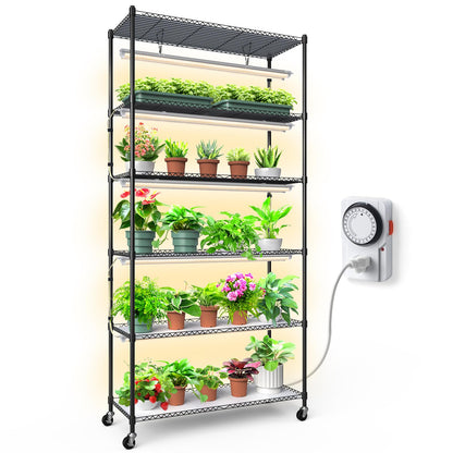 CX6 Plant Stand with Grow Lights, 3FT T8 30W(Per Light) Full Spectrum Yellow LED Plant Lights, Indoor Plant Shelf for Multiple Plants with On/Off Timer Socket, 6-Tier 35.4"x13.8"x70.9"