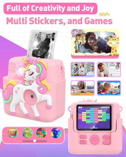 Kids Camera Instant Print with Silicone Cover, Creative Gifts for Girls Age 4-12 Birthday Christmas, 1080P Digital Camera Toy with Memory Card - Pink