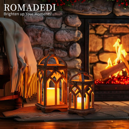 Romadedi Farmhouse Candle Lantern Wooden - 12" / 16" Set of 2 Decorative Rustic Wood Candle Holder Home Decor Decoration Wedding Table Centerpiece, Brown