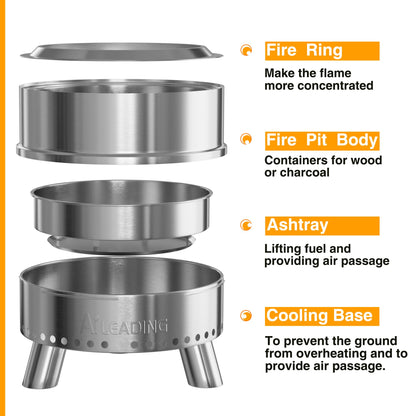 20 Inch Smokeless Fire Pit with Removable Ash Pan, Fire Pits for Outside Wood Burning, Portable Bonfire Outdoor Firepit, Bag & Poker Included, Stainless Steel (Silvery- with Legs-Fire Pit)