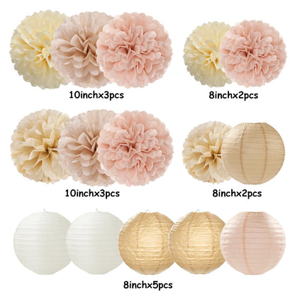 Champagne-Gold White Party-Decorations Paper-Flowers Lanterns - 15PCS Boho Fall Rustic Tissue Pom Poms Streamers,Wedding Baby Bridal Shower Neutral Autumn Birthday Hanging Supplies Decor Hugfond