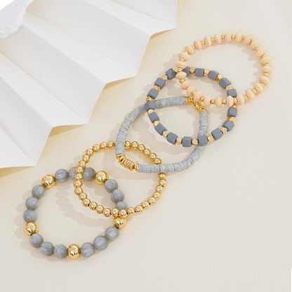 Aigrnc Boho Beaded Stretch Bracelets For Women Stackable Crystal Gold Plated Beaded Bracelets Set Trendy Handmade Friendship Braeclet Jewelry Gifts(F-Wooden bead set)