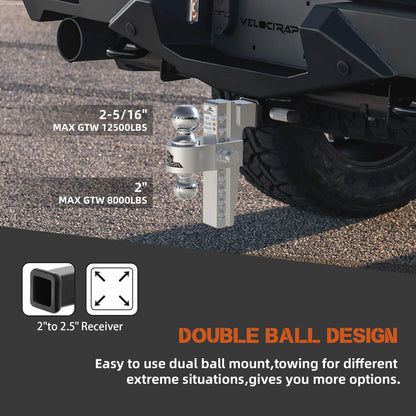 Adjustable Aluminum Trailer Hitch Ball Mount for 2" Receiver, Includes 2.5" Sleeve Adapter, 8" Drop/Rise, Dual Ball 2" & 2-5/16", 12,500 lbs GTW, Hitch Tightener with Locking Pins