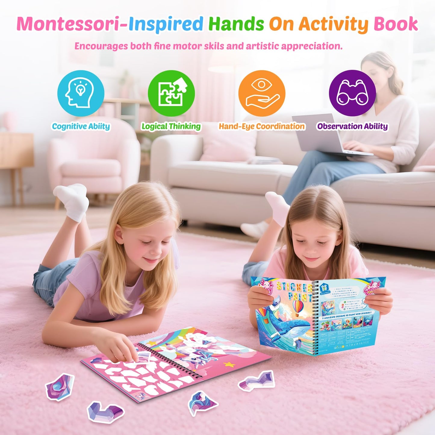 4Pcs Paint by Number Sticker Book for Kids Ages 4-8 | Travel Sticker Activity Books with Stories for Girls | Screen-Free Airplane & Car Toy, Educational Puzzle Easter Craft Gift for Toddlers 3-12