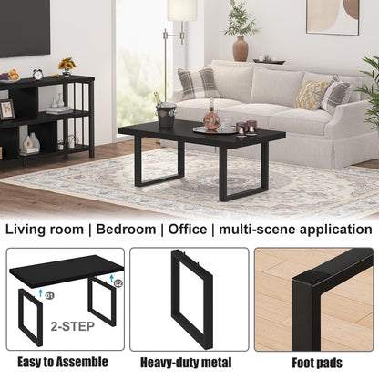 IBF Modern Black Coffee Table, Minimalist Industrial Wooden Center Table, Simple Farmhouse Rectangle Living Room Table, Wood and Metal Cocktail Coffee Table for Home Bedroom Office, Black Oak, 47 Inch