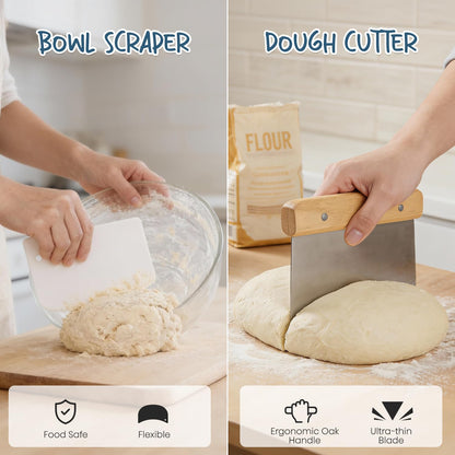 RORECAY Bread Banneton Proofing Basket Set, 9 Inch Round & 10 Inch Oval Cane Sourdough Baskets with Dough Whisk Lame Dough Scraper Bowl Scraper Silicone Brush Sourdough Bread Baking Supplies
