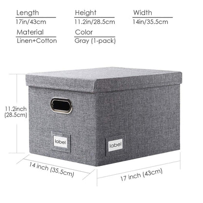 PRANDOM File Organizer Box - Set of 1 Collapsible Decorative Linen Filing Storage Hanging File Folders with Lids Office Cabinet Letter/Legal Size Grey (17x14x11.2 inch)
