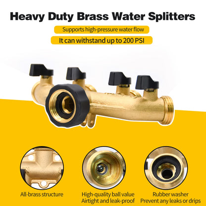 4 Way Hose Splitter with 4Pcs Garden Hose Extension Adapter, Brass Garden Hose Splitter Set, Hose Spigot Adapter with 4 Valves and 12 Rubber Washers & 4 Tapes