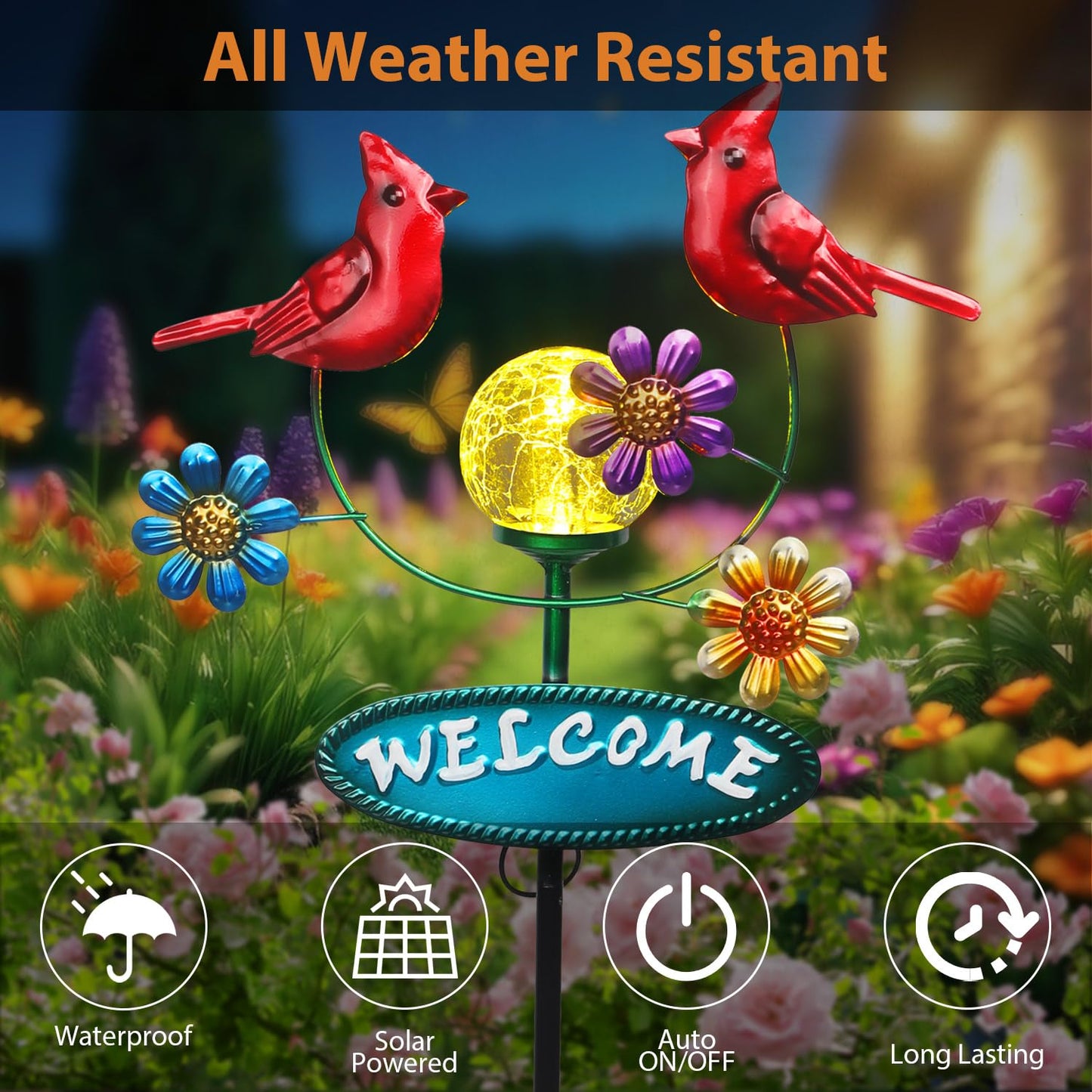 Newinhome Solar Garden Stakes Metal Welcome Signs for Outside 29.5', 2 Flying Cardinals with Cracked Glass Ball,Decorative Garden Stakes for Lawn, Patio, Cardinal Gifts for Women
