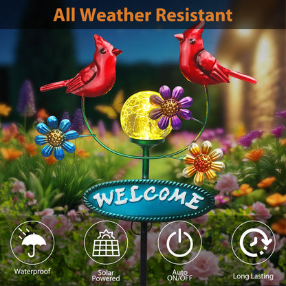Newinhome Solar Garden Stakes Metal Welcome Signs for Outside 29.5', 2 Flying Cardinals with Cracked Glass Ball,Decorative Garden Stakes for Lawn, Patio, Cardinal Gifts for Women