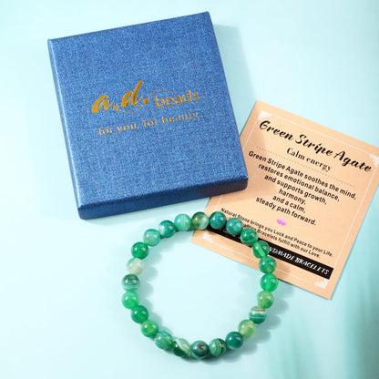 AD Beads 6mm Handmade Green Stripe Agate Elastic Bracelet – Natural Gemstone for Calm energy – Meditation, Yoga, Healing and Energy Gift for Men Women