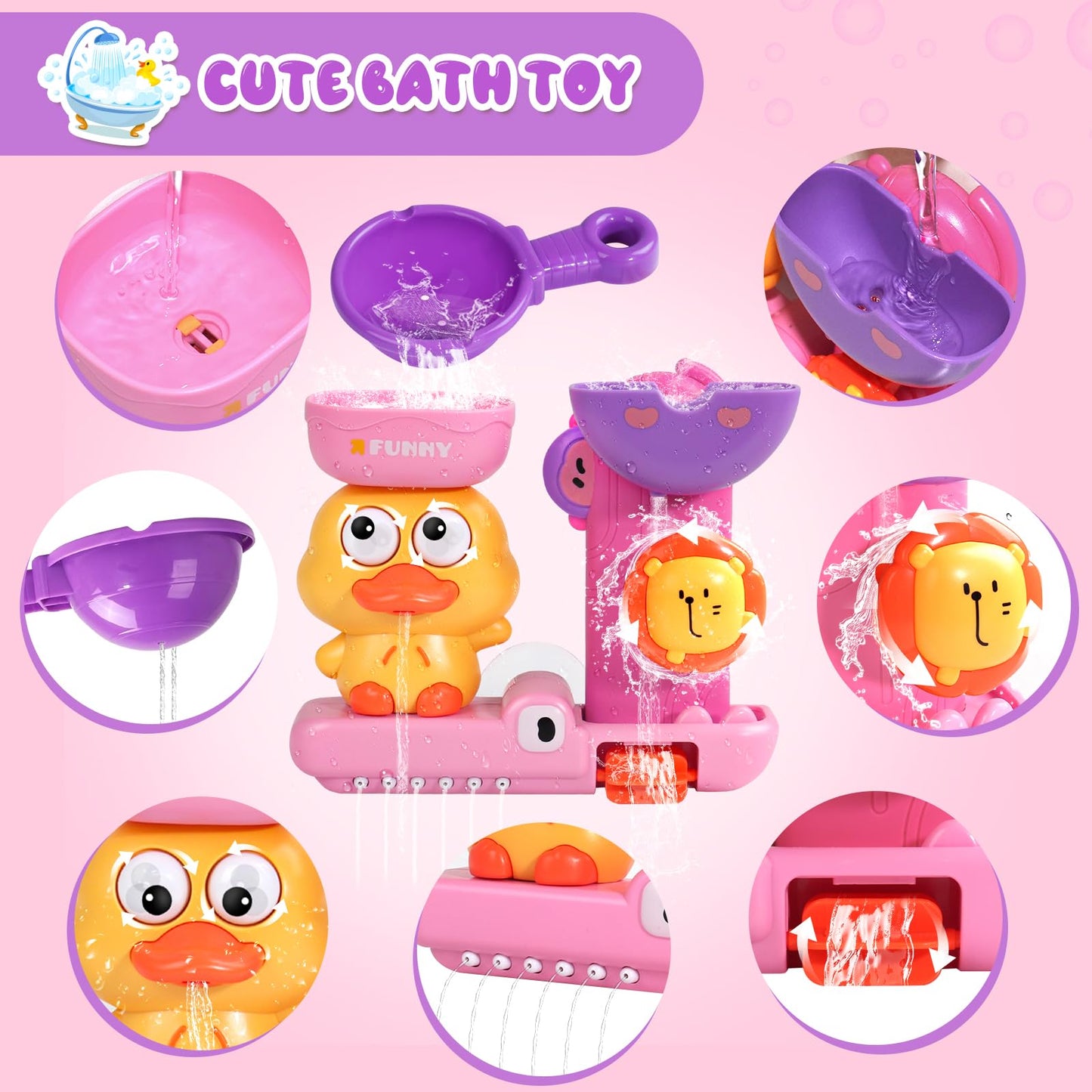 Baby Bath Toys for Kids Ages 1-3 Interactive Toddler Bath Toys Duck Learning Mold Free Shower Tub Toys for 1+ Year Old Girl Gifts with 3 Stacking Cups & 1 Water Spoon(Pink)
