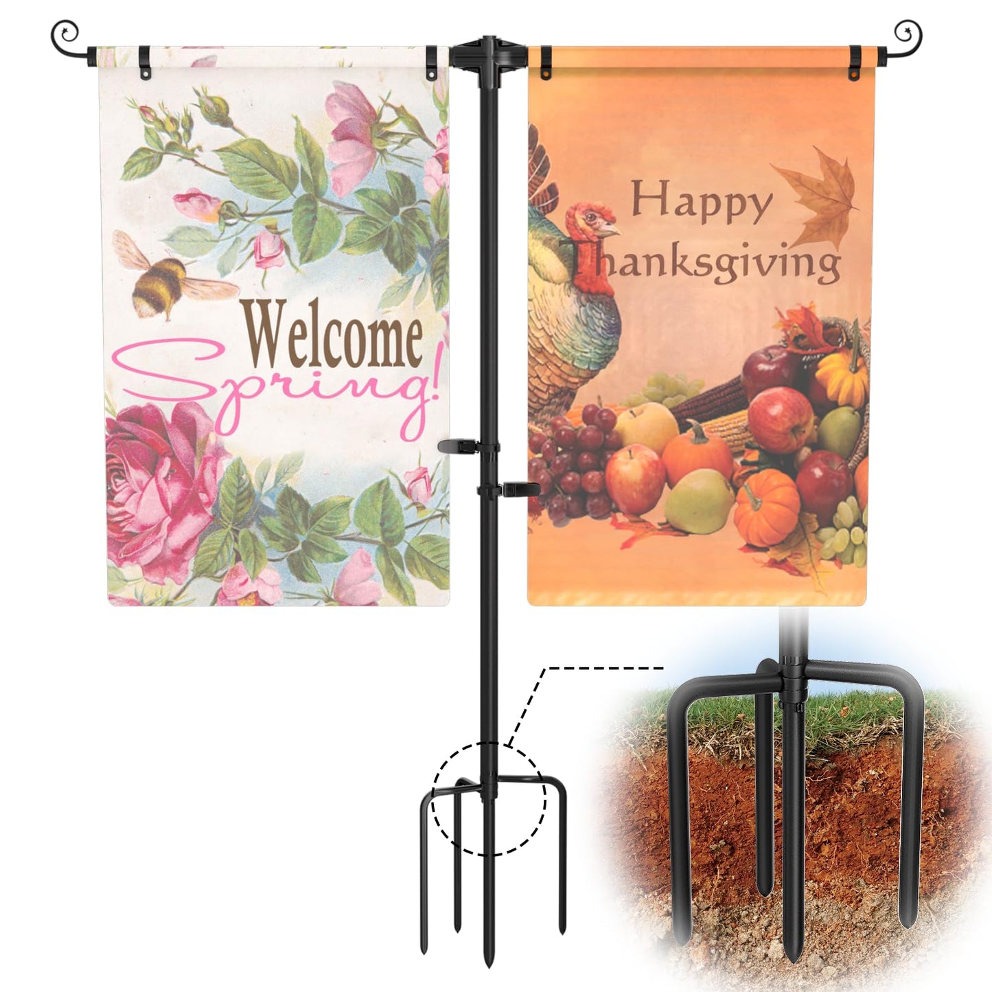 SCWN Garden Flag Stand Holder w/4-Prong Base, 3/4 Inch Extra Thick Heavy Duty Yard Flag Holder for Double Small Flags 12x18, Garden Flag Pole for Outside Patio Decor