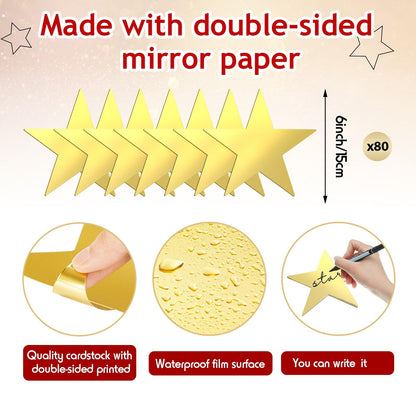 Leinuosen 80 Pieces Stars Cutouts Glitter Double Printed Paper Cardboard Stars Decorations for Bulletin Board Classroom Wall Graduation Party Supply, 6 Inches(Gold)