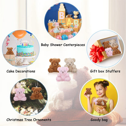 Threan 8 Pcs Mini Plush Bears 4'' Small Bear Bulk Stuffed Animal Toys Tiny Soft Bear Doll Present Stuffers for Keychain Baby Shower Party Favors Supplies(Pink, Brown, Apricot)