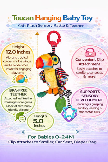 Balibazoo Toucan Hanging Baby Toy – Soft Plush Sensory Rattle with Crinkle Wings, Hidden Bell & BPA-Free Teether | Clip Attaches to Stroller, Car Seat, Gym | Developmental Toy for Babies 0-24M