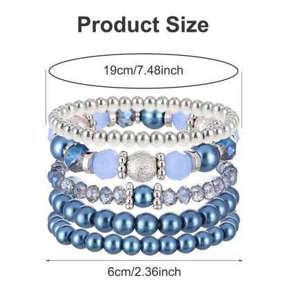 DIVINA VITAE 5 Pcs Beaded Stretch Bracelets Blue Stackable Bracelets Crystal Bead Bracelet Boho Beaded Bracelets Stretch Layering Crystal Stone Beaded Bracelets Trendy Costume Jewelry Gifts for Women