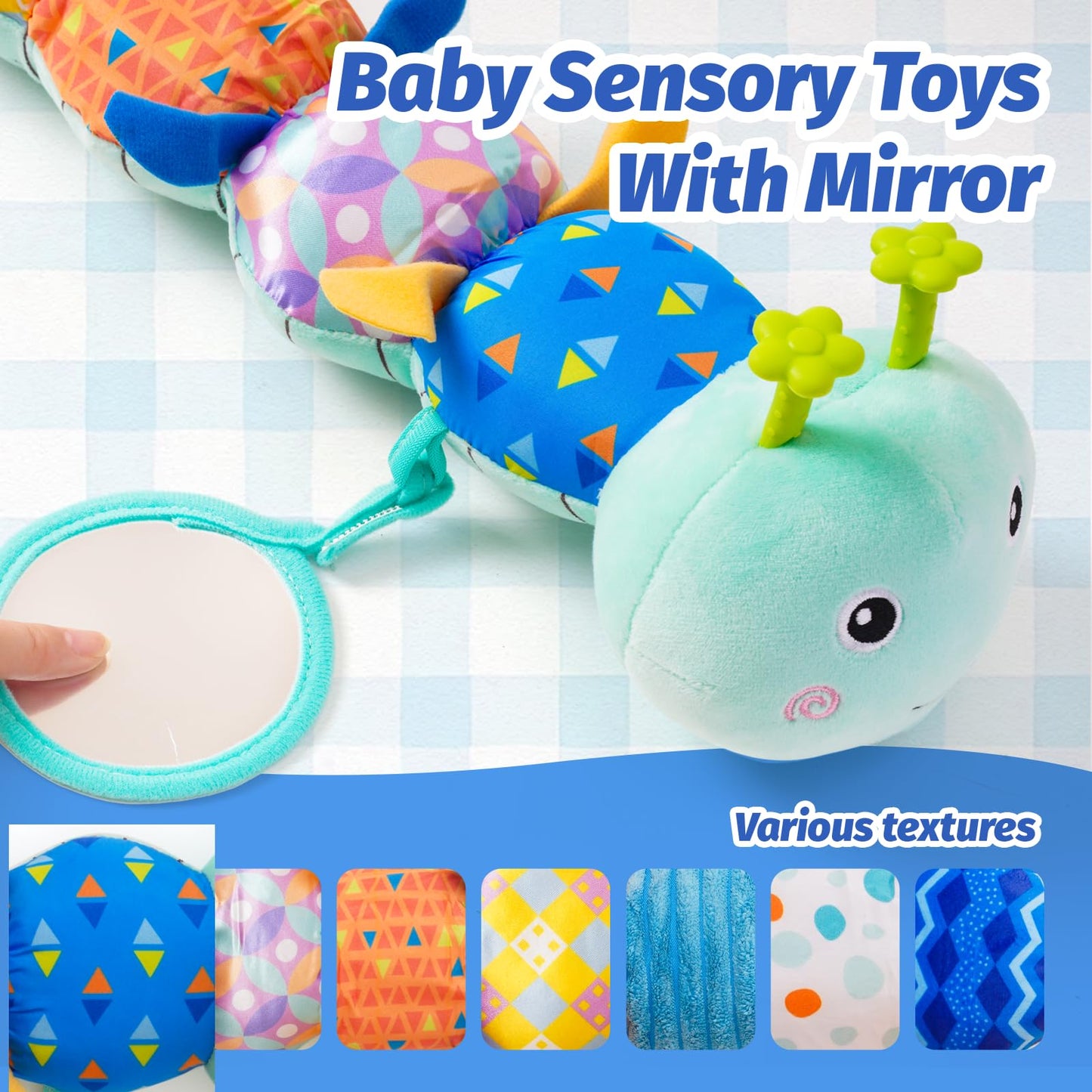Baby Toys 0-6 Month, Musical Caterpillar Rattle, Infants Sensory Toy with Mirror Crinkle Textures, Newborn Developmental Tummy Time Stuffed Plush Animal toys for Babies Boys Girls 3-6-12 Months (Blue)