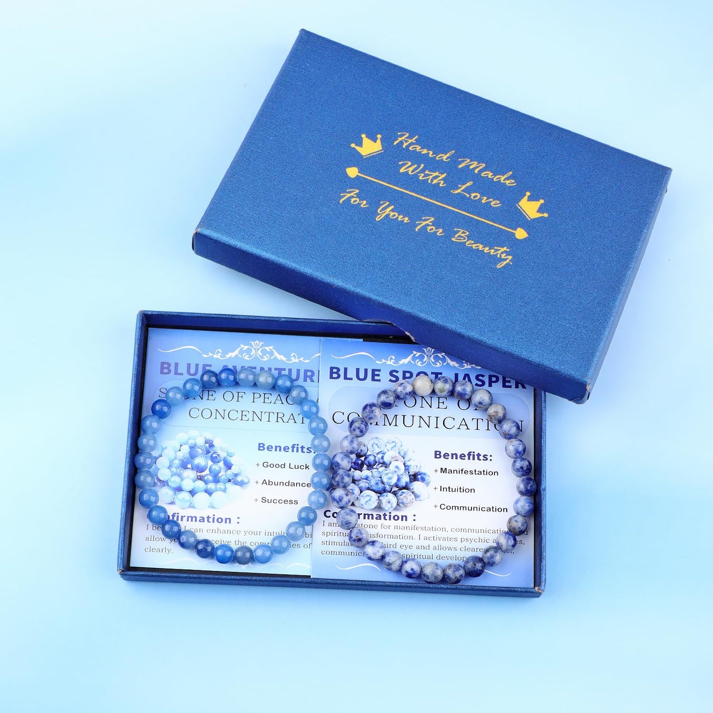 NCB 2-Piece 6mm Natural Crystal Gemstone Stretch Bracelets – ﻿Blue Aventurine, Blue Spot Handmade Reiki Energy Healing Jewelry for Meditation,Yoga, Unisex