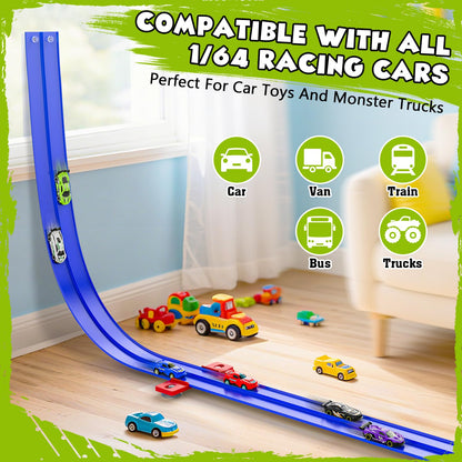 Wupuaait Flexible Race Car Track for Kids, 15Ft Race Track Toy with 4 Cars and Suction Cups, Rolls Up Portable Racetrack Compatible with All 1:64 Cars Toys, Birthday Gifts Toys for Boys Girls