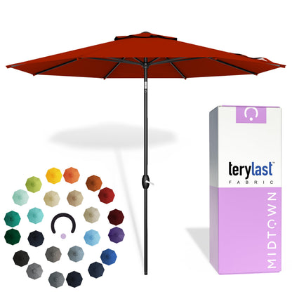 Midtown Umbrellas - 10-Year-No-Fade 9 Ft Patio Umbrella with Terylast Fabric, Auto-Tilt Aluminum Frame and 8 Reinforced Ribs for Deck, Pool, Garden & Beach - Apple Red Canopy, Black Pole