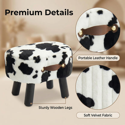 Leesingdo Small Footstool with Handle, Faux Fur Ottoman Foot Rest with Padded Seat, Curved Foot Stool with Wooden Legs, Portable Foot Rest for Living Room, Bedroom, Entryway, Cow
