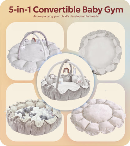 5-in-1 Thick & Plush Baby Play Gym, Baby Play Mats for Floor, Tummy Time Mat with 6 Toys, Convertible Stage-Based Developmental from Babies to Toddlers, Ball Pit, Pet Cushion Cloudico, Grey