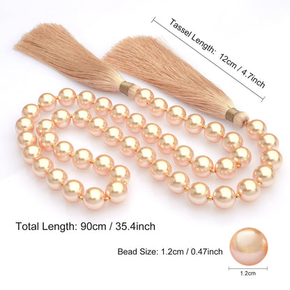 LUMITI Glass Pearl Garland Tassel, 35inch Farmhouse Table Decor Healing Beads Boho Wall Shelf Hanging Decoration (Rose Pink)