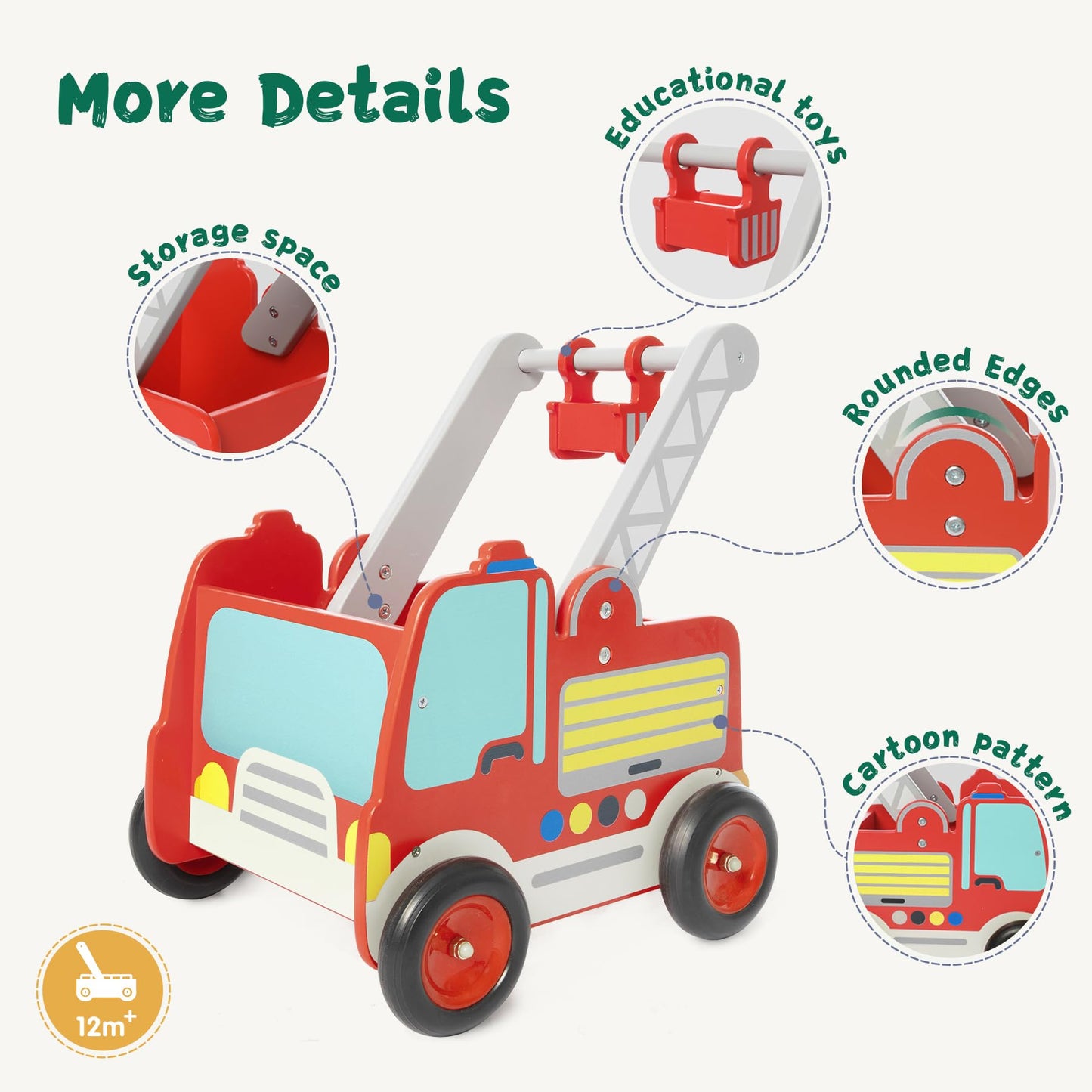 Labebe Wooden Baby Push Walker - Learning Toy for Toddlers 1-3 Year Old Boys and Girls, Fire Truck With Wheels