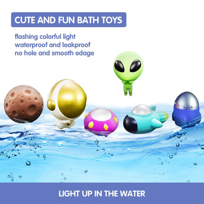 Bath Toys Light Up Floating Space Bath Tub Toy Set 6pcs Glowing Bath Toy Universe Theme Toy with Astronaut Rocket Ship Alien UFO Planet Model Educational Preschool Shower Pool Toys Gift for Kids