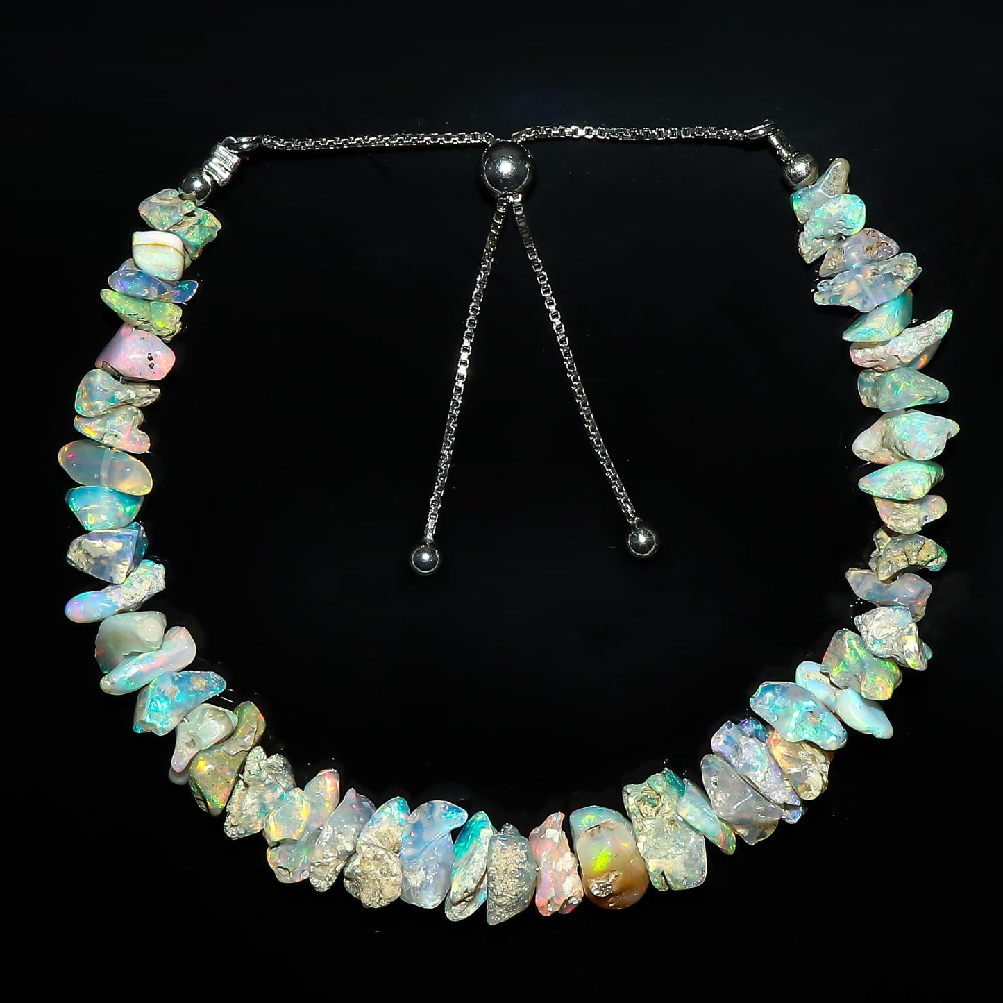 CRYSTALIS Ethiopian Opal Bracelet, Natural Raw Stones, Fire Play Rough Gemstones, Chakra Healing Crystals, Gift Giving Jewelry, Rhodium 925 Sterling Silver Women Bolo Slider Bracelet 10 inch (6+4")
