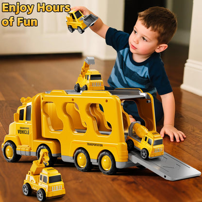 KIZONLY Construction Trucks Toys for 2 3 4 5 Years Old Boys - 5-in-1 Carrier Transport Vehicle Truck for Toddlers 2-4 Years with Crane, Mixer, Pushdozer and Excavator, Car Toys Birthdays Gift