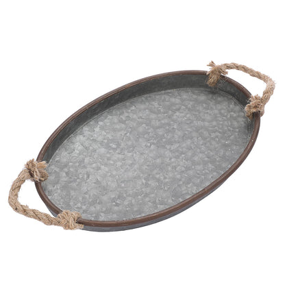 Hipiwe Galvanized Metal Iron Oval Tray with Rope Handle Farmhouse Serving Tray Rustic Industrial Decorative Centerpiece for Coffee Table Weddings and Parties Decor,Small