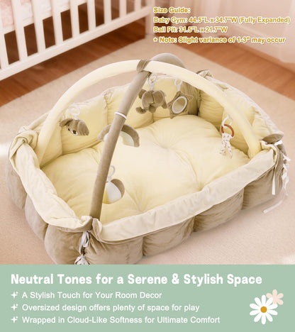 Lanabuna 5-in-1 Baby Play Gym and Tummy Time Mat, 12 Learning Cards, Plush Activity Mat with 6 Toys, Baby Gym, Convertible to Ball Pit, Baby Gift, Cream