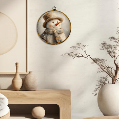 CUANFDDSF Rustic Christmas Snowman Round Wall Art, Christmas Winter Snowman Framed Hanging Wall Decor, Farmhouse Cozy Xmas Winter Canvas Prints Decorations for Home Bedroom Living Room, 10x10 Inch