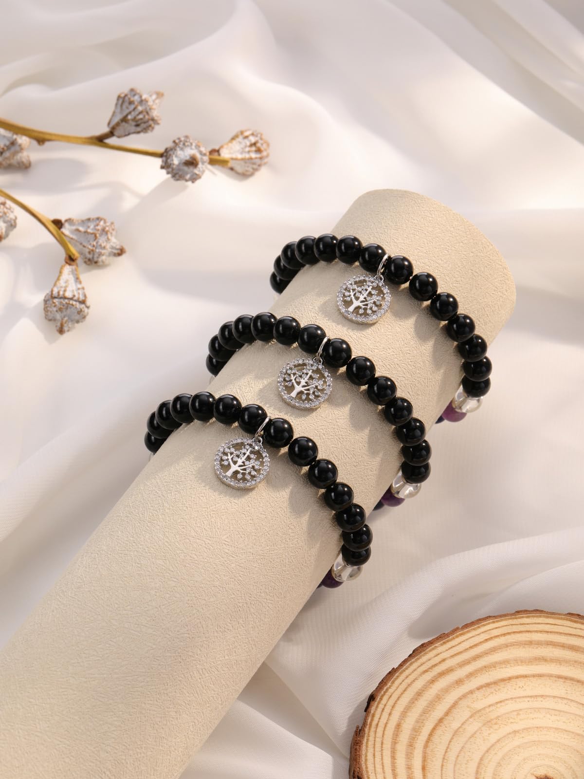 MANIFO Black Obsidian Chakra Crystals Bracelet for Women Healing Crystal Bracelet Natural Gemstone Beaded Bracelets with Life Tree Charm Jewellery Valentines Christmas Gifts